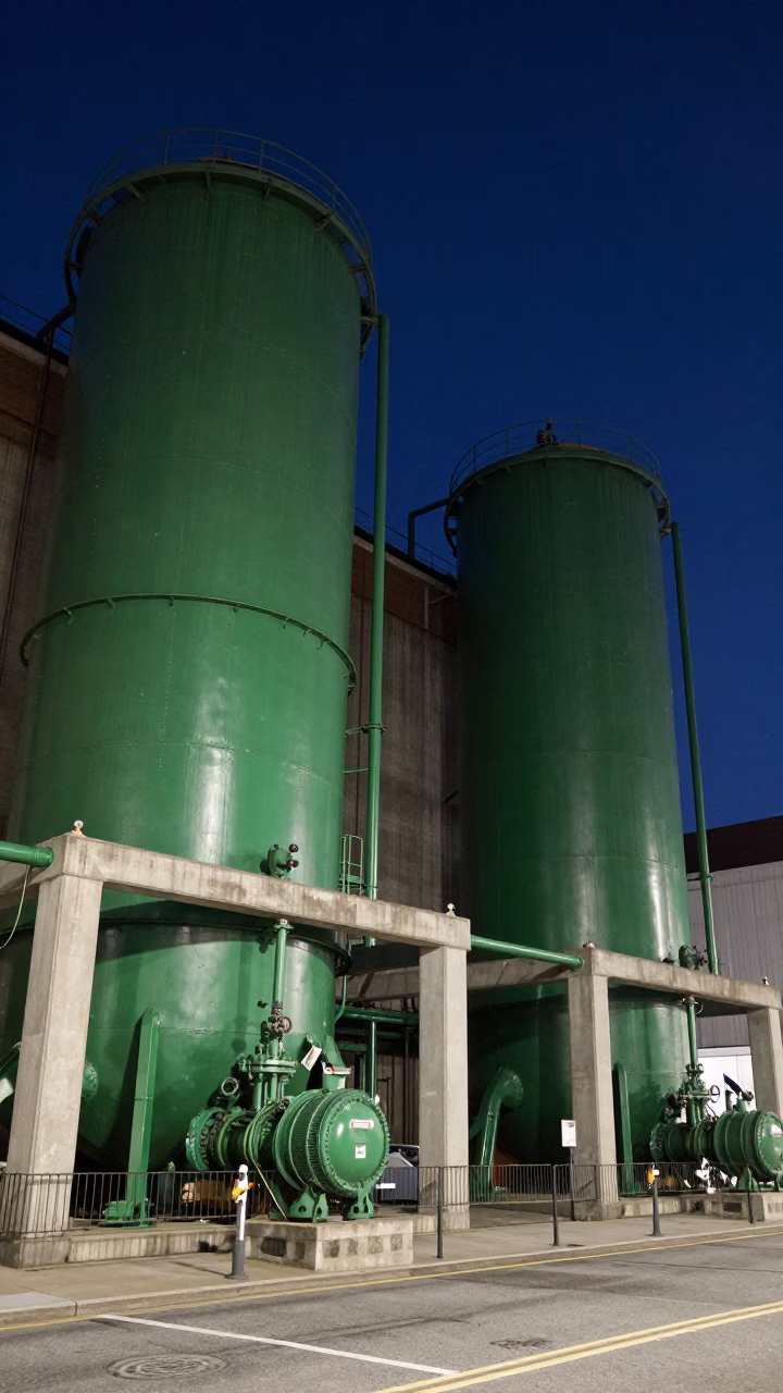 Midnight View of Massive Green Sewage Pumping Station Infrastructure in New York City in in New York, New York, United States