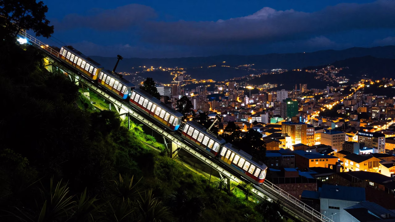 Midnight View of Medellin Colombia Funicular Climbing Steep Hill Under Starry Sky in in Medellin, Colombia