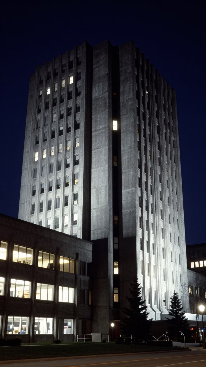 Midnight View of Montreal Concrete Brutalist University Building Under Green Banker Lamps in in Montreal, Quebec, Canada