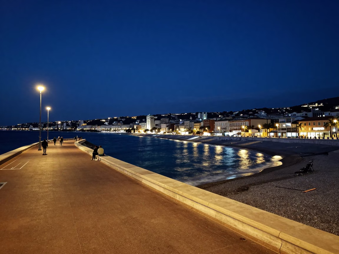 Midnight View of Nice France Promenade des Anglais Coastline and City Lights in in Nice, France