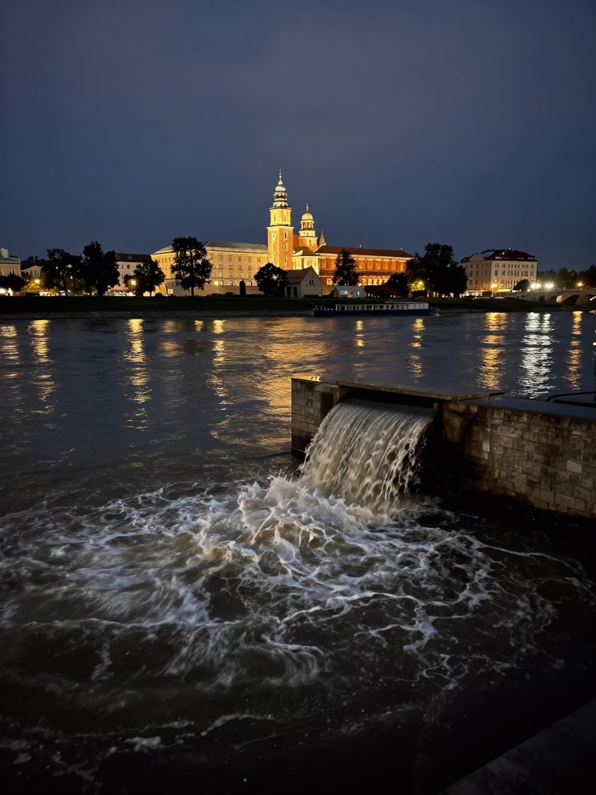 Midnight View of Vistula River Storm Drain Outfall and Swollen Water in Krakow Poland in in Krakow, Poland
