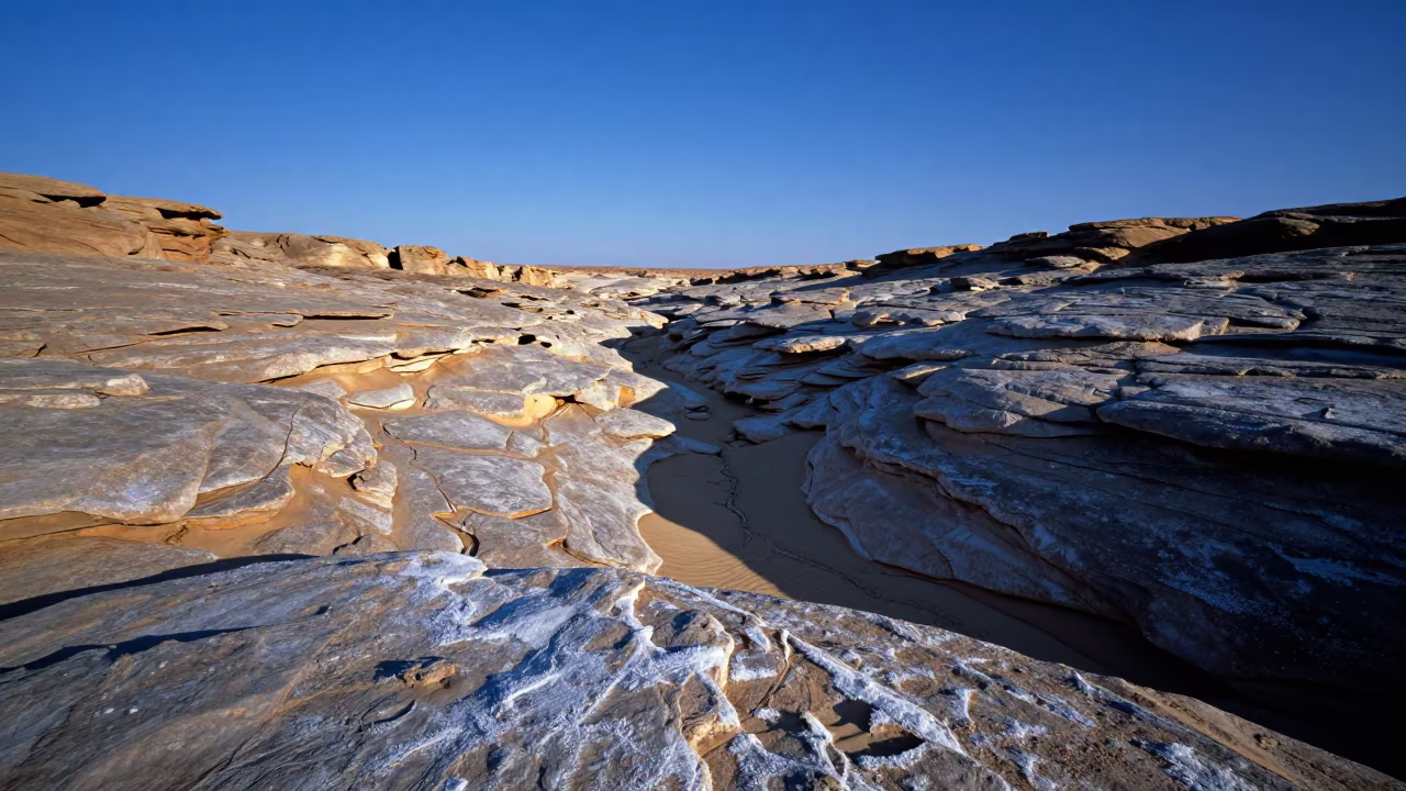 Midnight Wadi Cutting Silvery Sandstone in Mali in across a wide valley floor in Mali