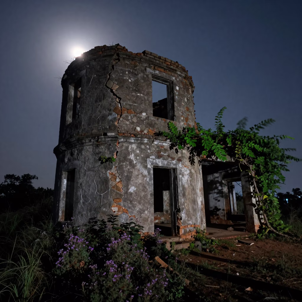 Midnight Watchtower Ruin with Thyme in Chennai in along a vine-choked corridor near Chennai