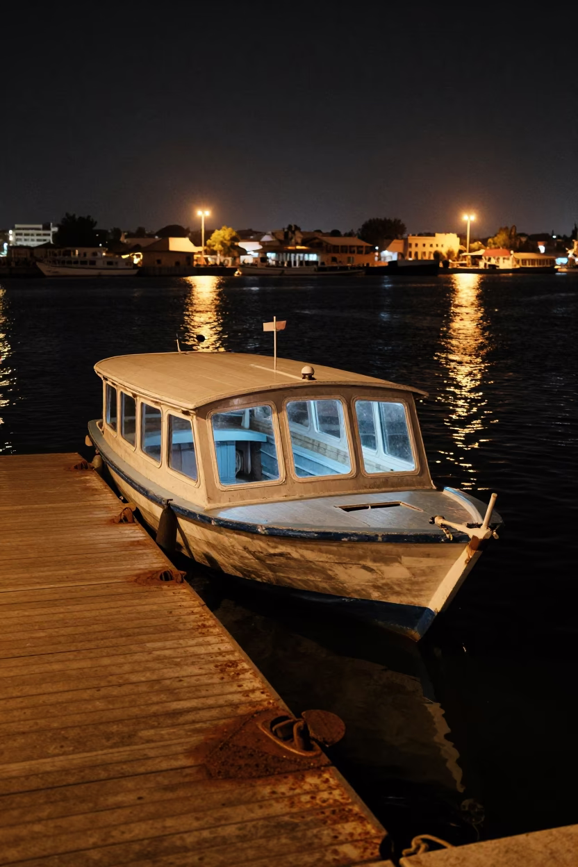 Midnight Water Taxi at Alexandria Floating Dock with Cut Glass Decanter and Figs in in Alexandria, Egypt