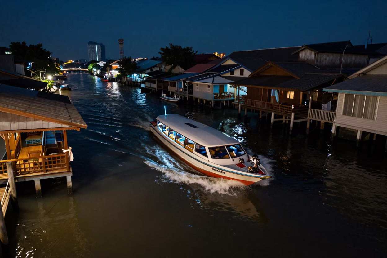 Midnight Water Taxi Zigzagging Through Bangkok Canals Past Concrete Buildings and Houseboats in in Bangkok, Thailand