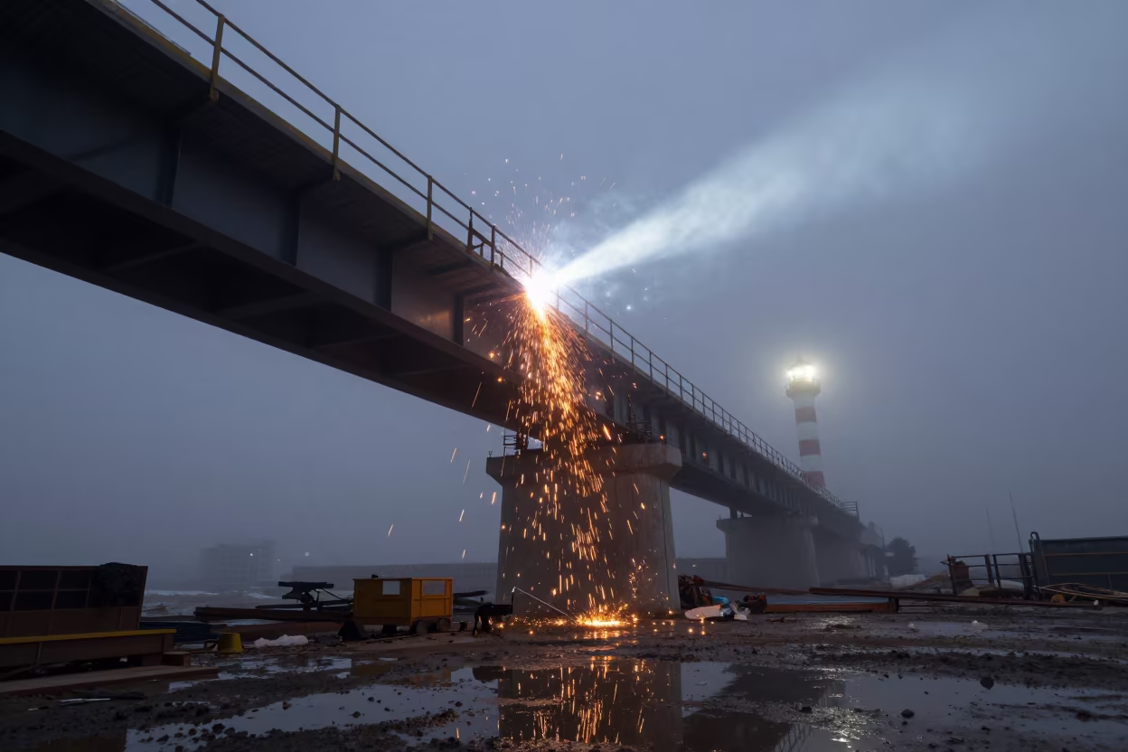 Midnight Welding Sparks Under Najaf Bridge in at a muddy site access road in Najaf