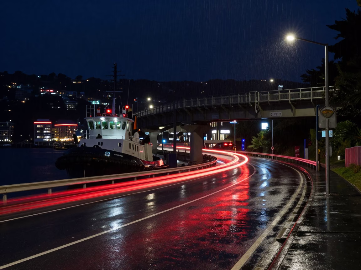 Midnight Wellington Harbor Tugboat and Overpass Taillights After Rain in in Wellington, New Zealand