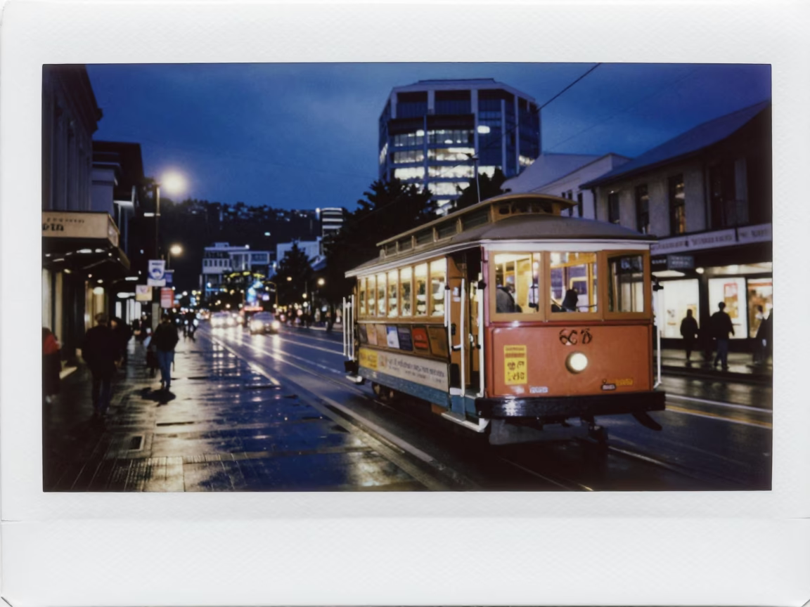 Midnight Wellington Street Scene with Cable Car and District Heating Pipes in in Wellington, New Zealand