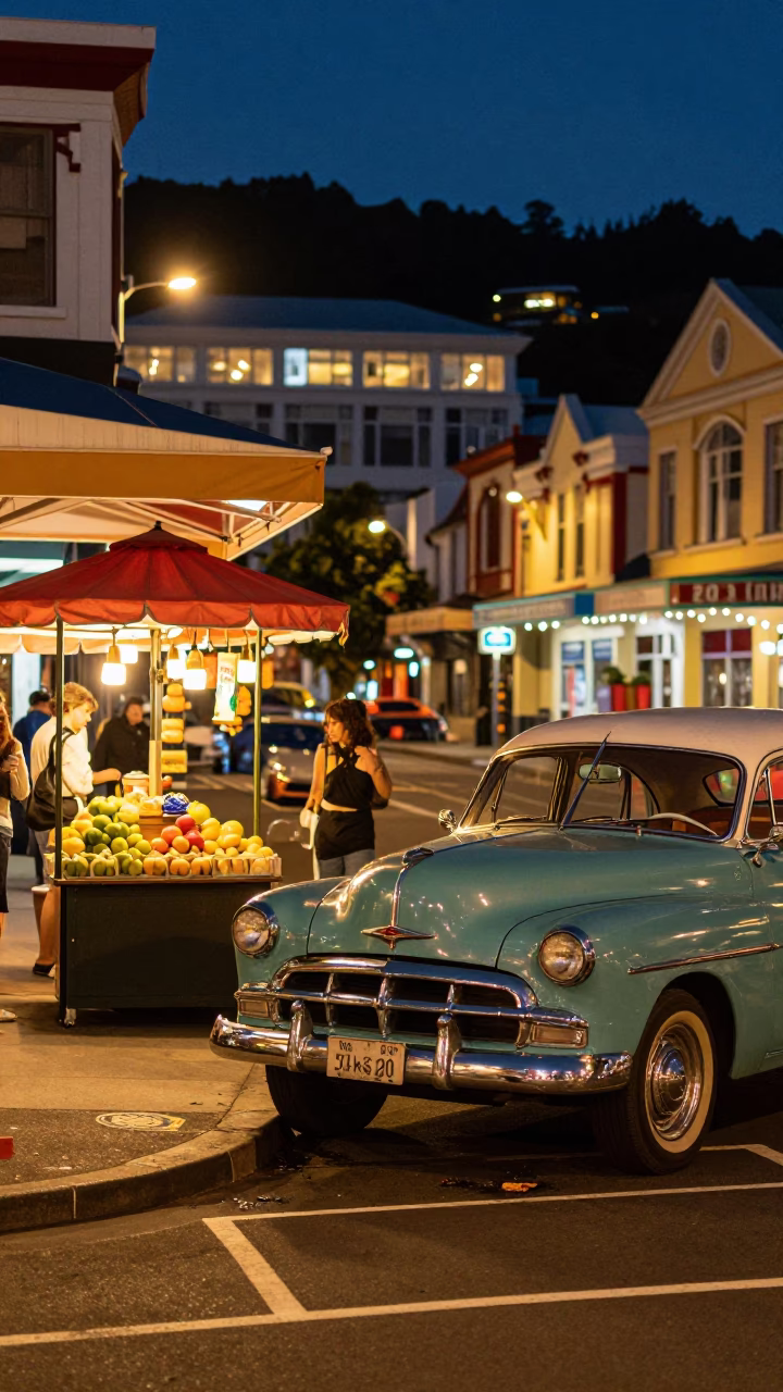 Midnight Wellington Street Scene with Colorful Vintage 1950s Aesthetic and Local Details in in Wellington, New Zealand