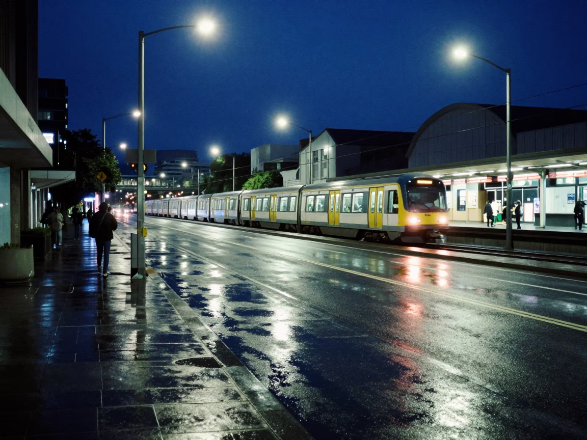 Midnight Wellington Street Scene with Metro Train and Urban Details in in Wellington, New Zealand