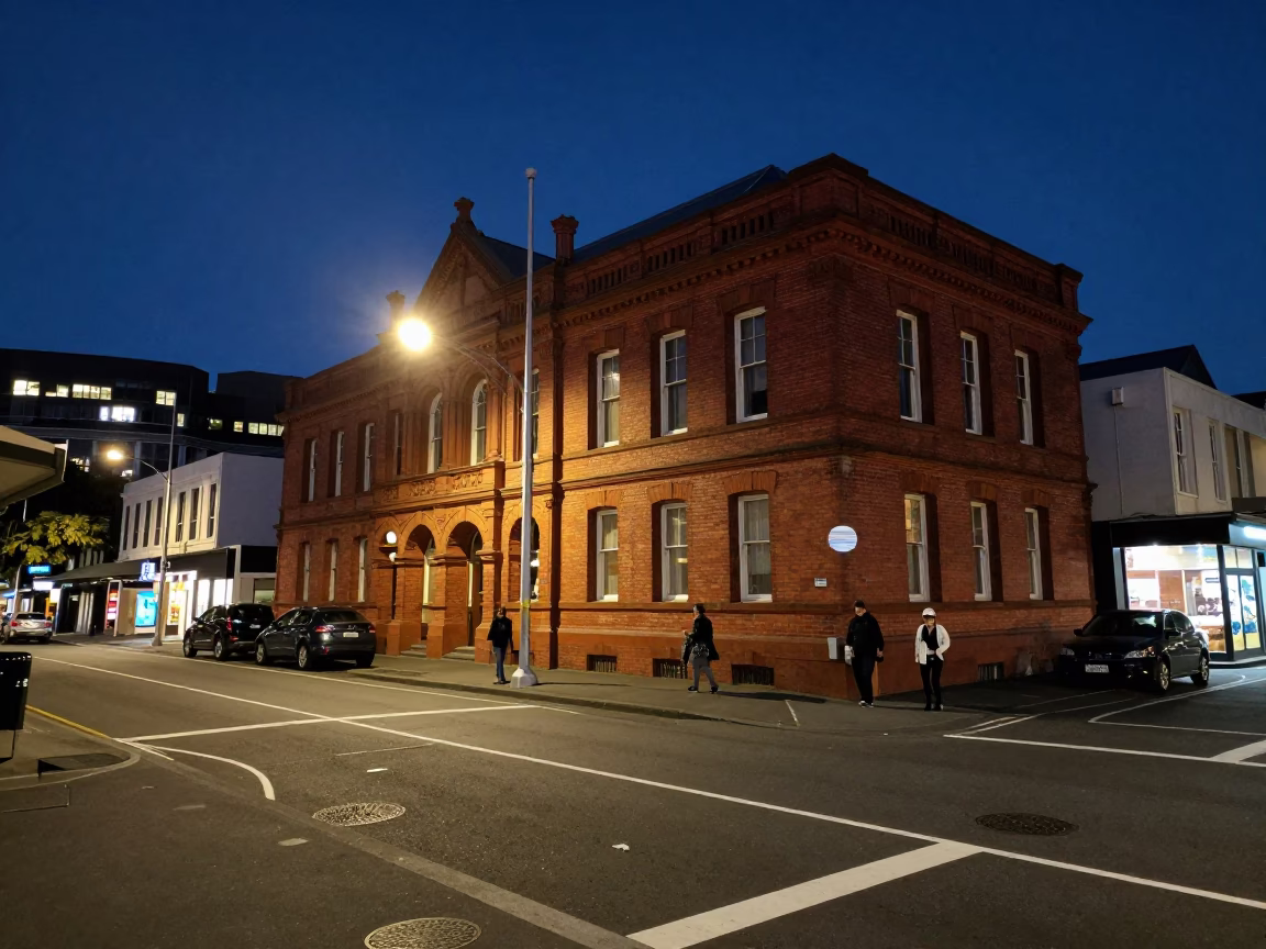 Midnight Wellington Street Scene with Red Brick Architecture and Bicycle Rack in in Wellington, New Zealand