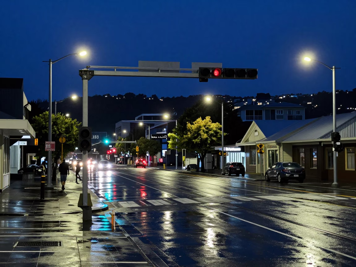 Midnight Wellington Street Scene with Signal Gantry and Rail Lines in Mist in in Wellington, New Zealand