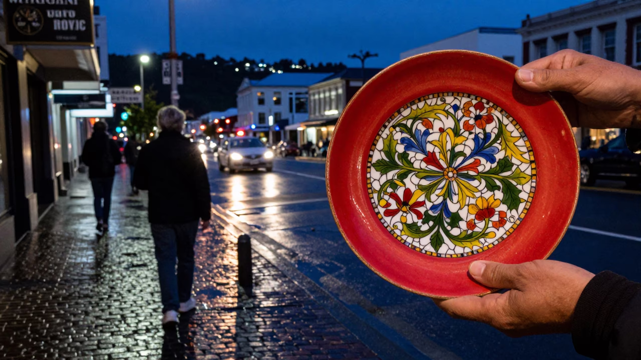 Midnight Wellington Street Scene with Vintage Majolica Plate and Tea Infuser Spoon in in Wellington, New Zealand