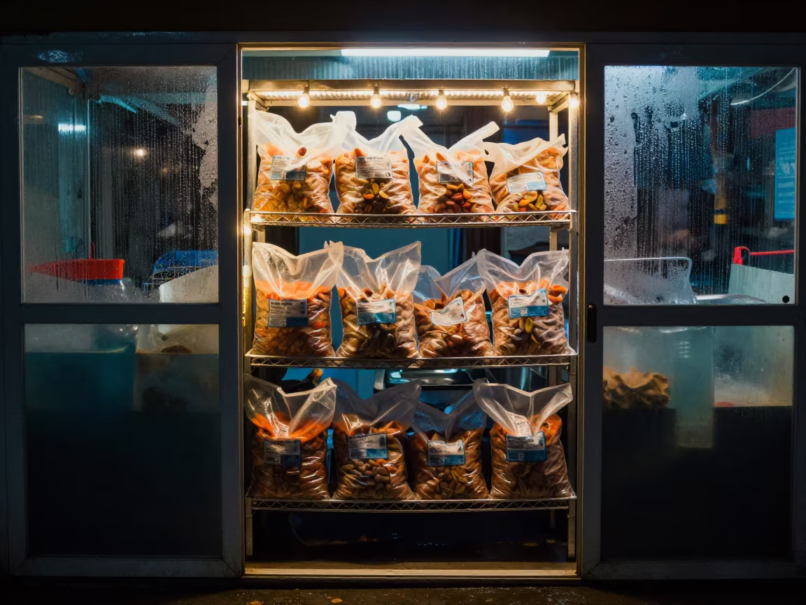 Midnight Wet Pet Food Shelf Port-Gentil in inside a fish bagging counter zone in Port-Gentil