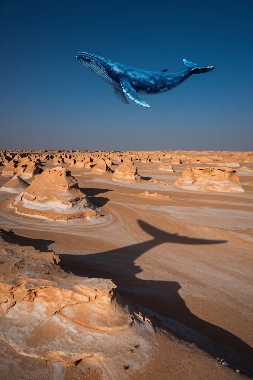 Midnight Whale Shadow Over Saudi Yardangs in across a wide valley floor in Saudi Arabia