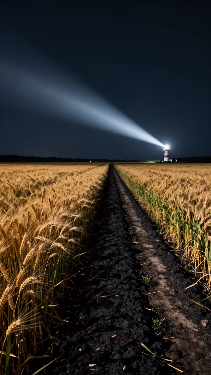 Midnight Wheat Path Swept by Lighthouse Light in beside a tractor track through dark soil near Chiba