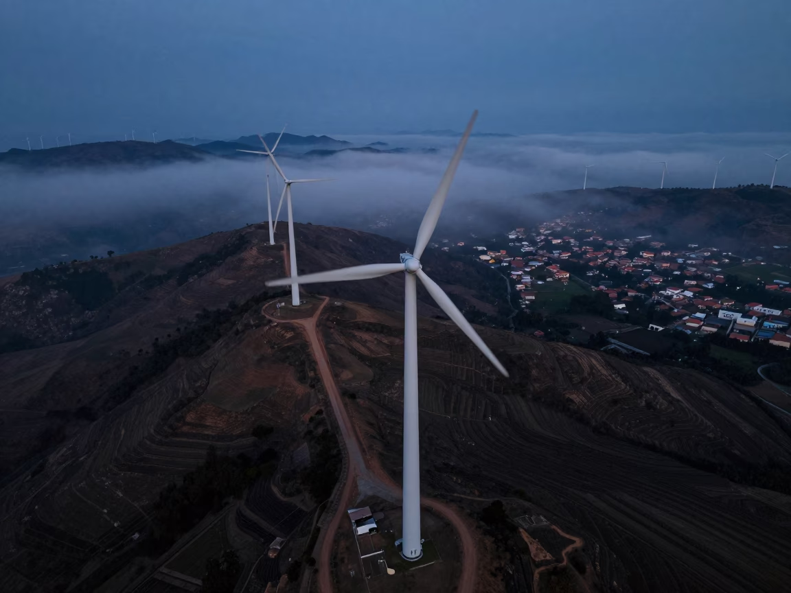 Midnight Wind Turbines Over Ica Valleys in high above patterned rooftops near Ica