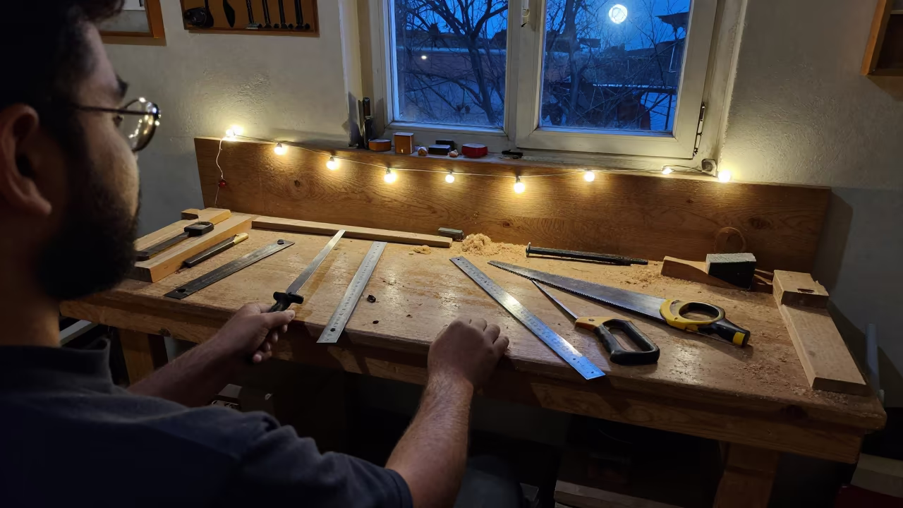 Midnight Workshop Bench with Tools and Dust in inside an art classroom near Islamabad
