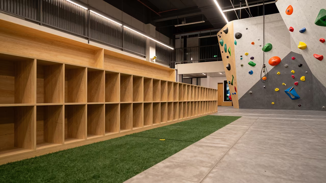 Midnight Youth Camp Roster Cubby in Shenzhen Gym in inside a climbing gym warmup zone in Shenzhen