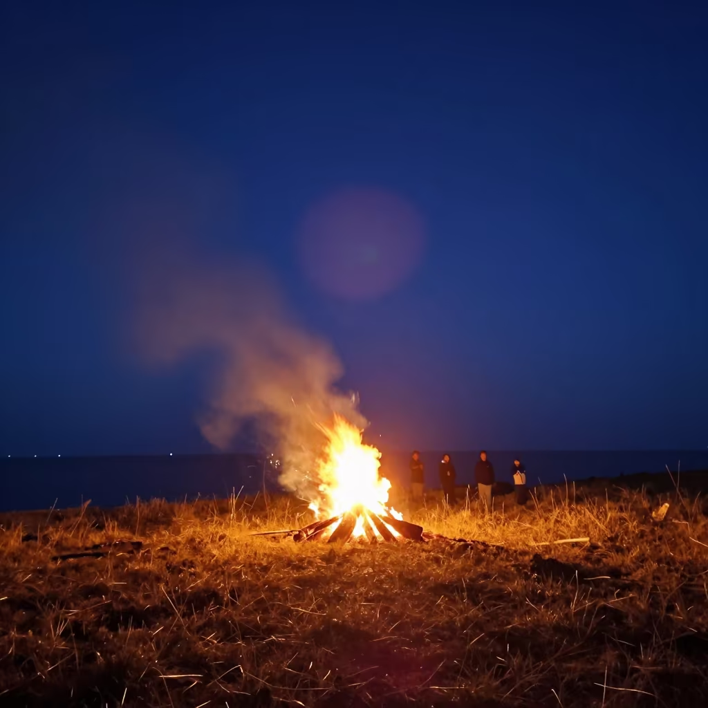 Midsummer Bonfire Blazing at Ar Ramtha Waterfront in at a waterfront celebration near Ar Ramtha