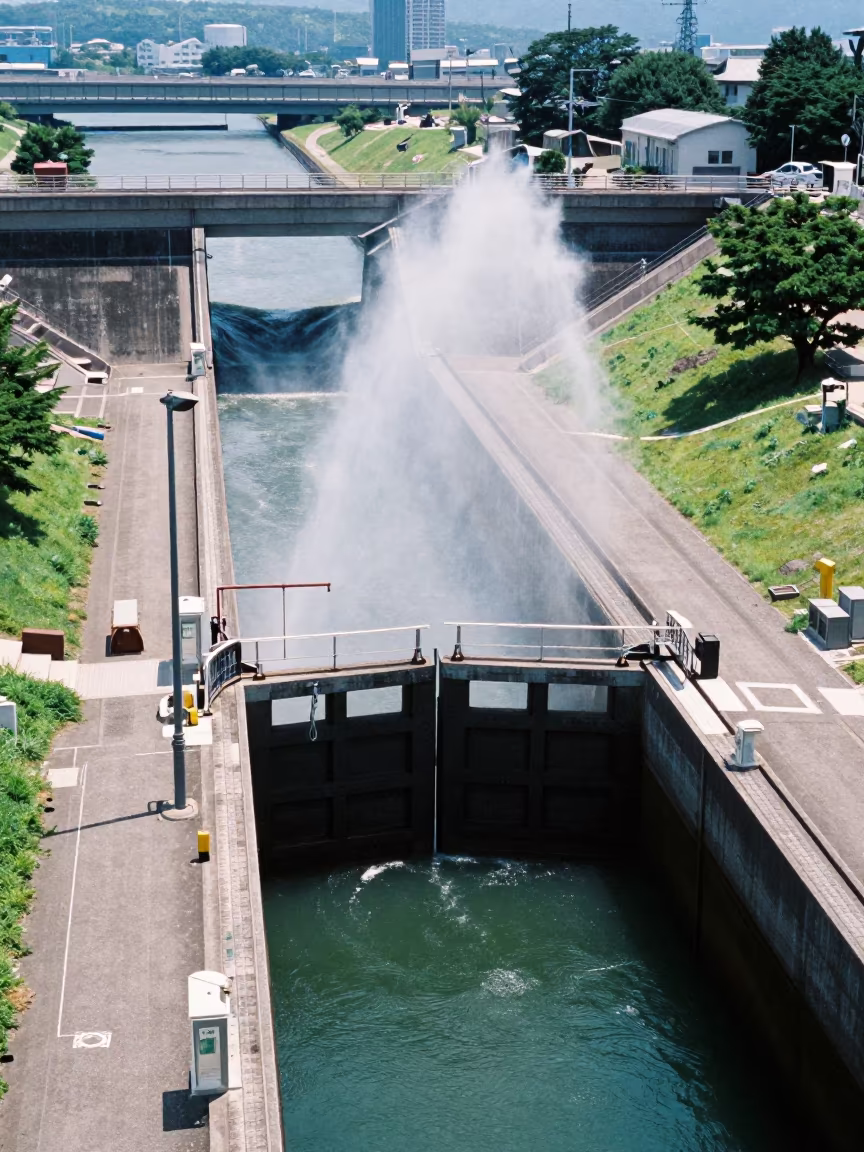 Midsummer Canal Lock Water Spray in along a dam spillway near Fukuoka