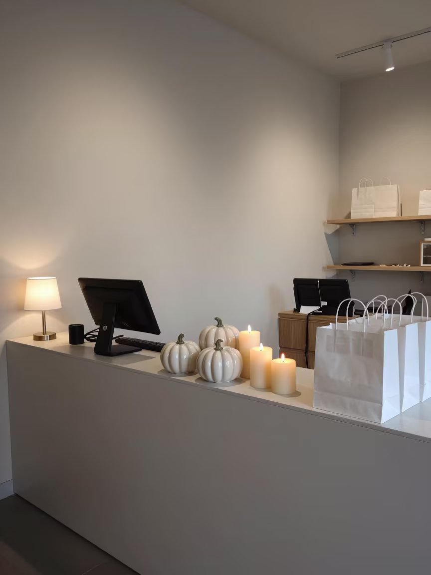 Midsummer Candles and Pumpkins on Trento Counter in at a cash wrap counter with bags stacked nearby near Trento