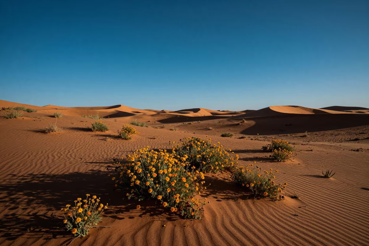 Midsummer Desert Wildflowers Under Night Sky in across a wide valley floor near Souks, Marrakech