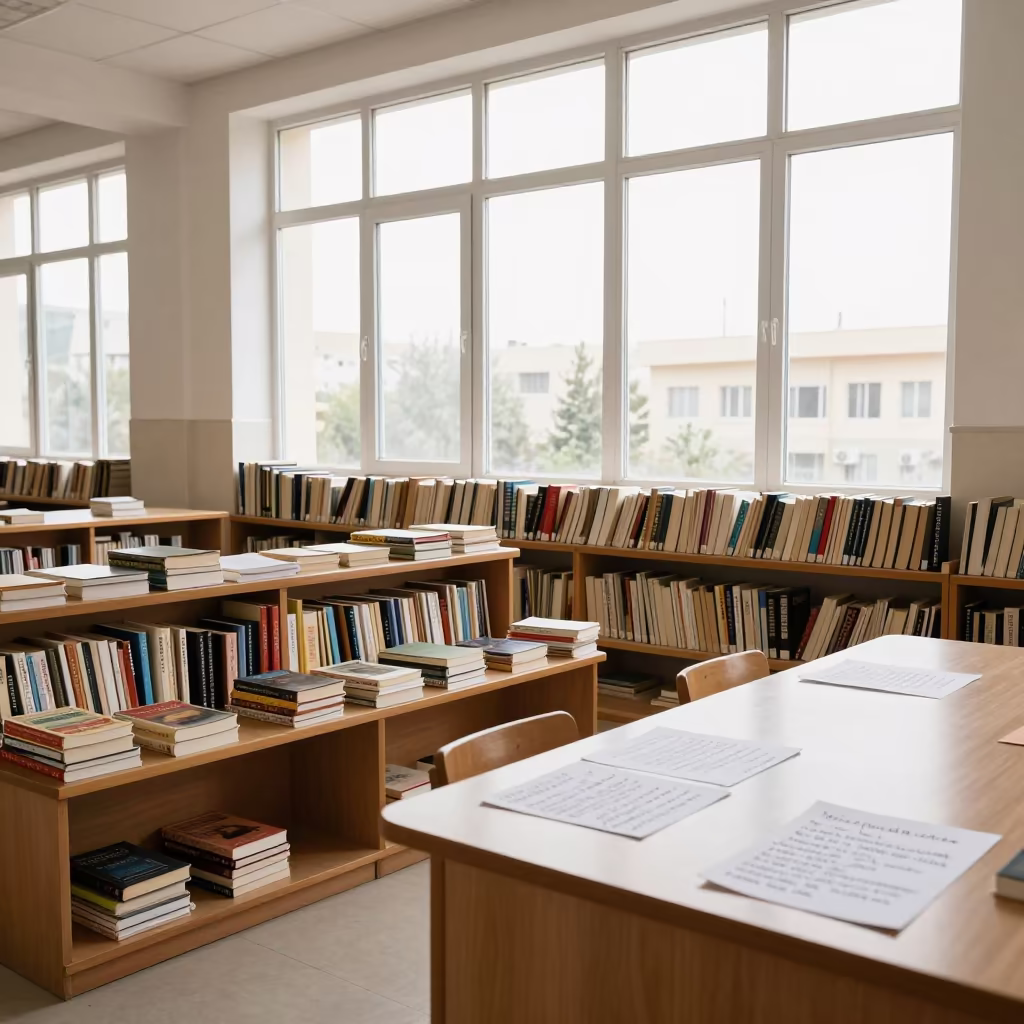 Midsummer Library Seat with Paperbacks in Erbil in at a seminar table covered in notes near Erbil