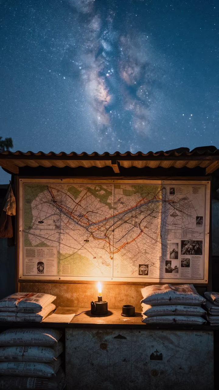 Midsummer Maps Under Milky Way Sky in on a grocer's counter with stacked paper sacks in Bareilly