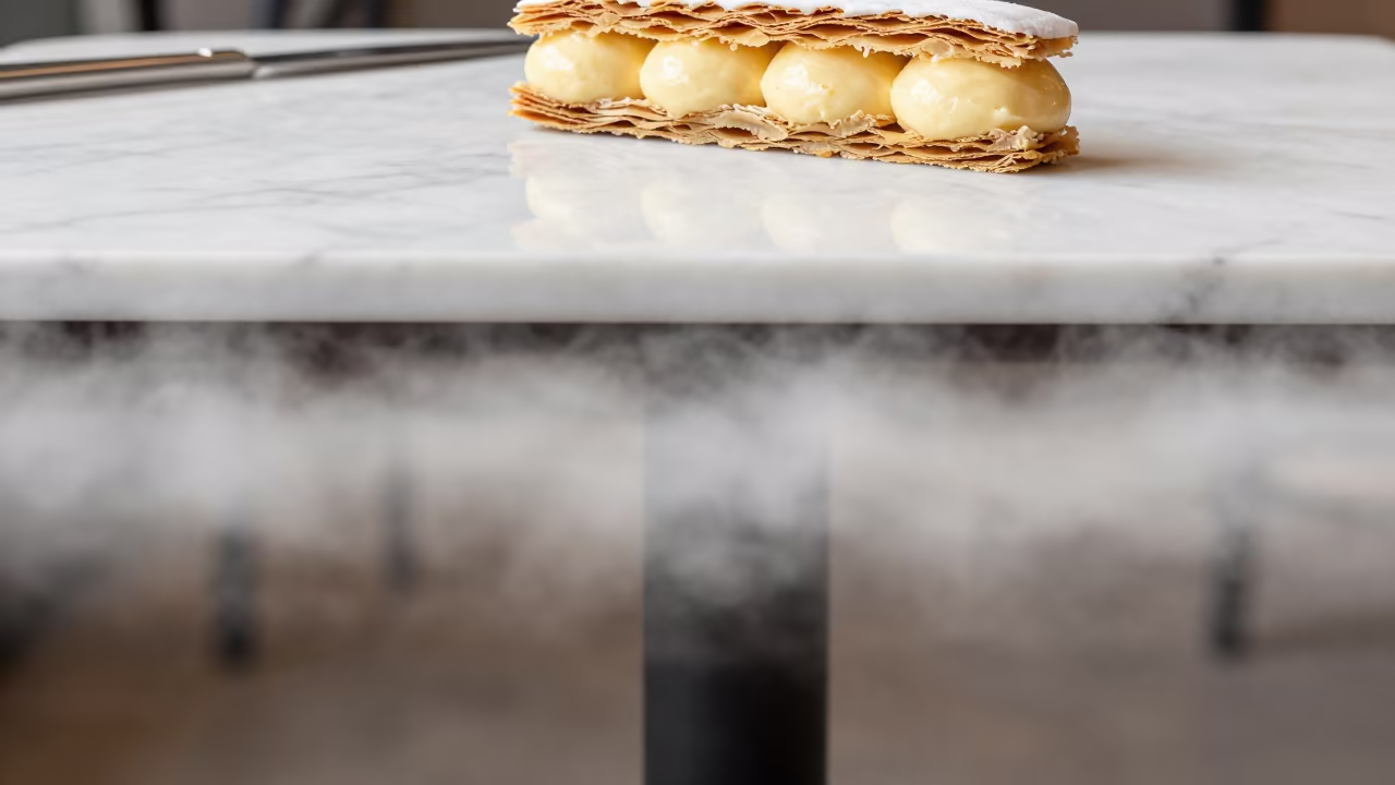 Midsummer Mille-feuille Slice on Marble Table in on a marble cafe table in Opole