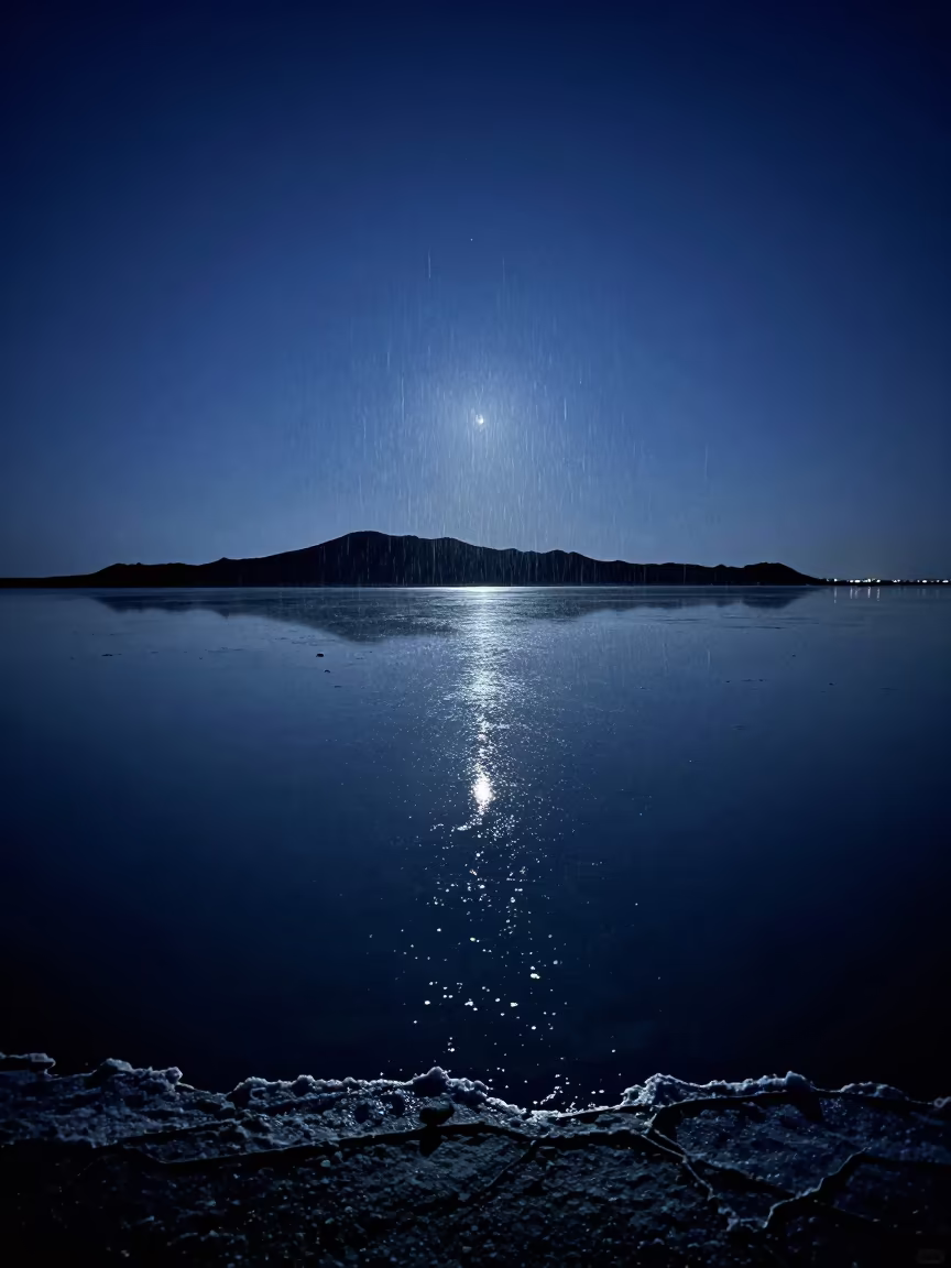 Midsummer Night Sky Reflected in Flooded Salt Flat in from a frost-hushed ridgeline near San Antonio