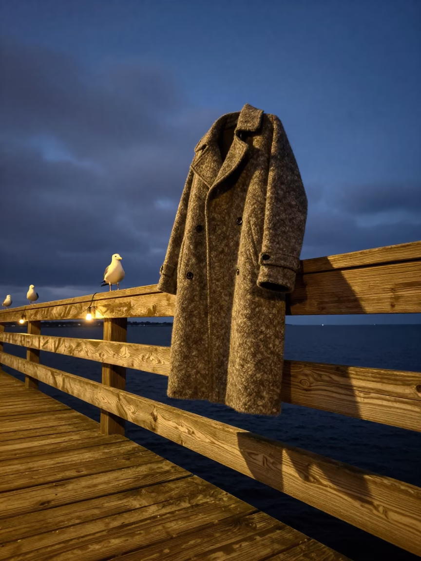 Midsummer Outerwear Lookbook on Windy Pier at Predawn in inside a minimalist showroom in Dera Ismail Khan