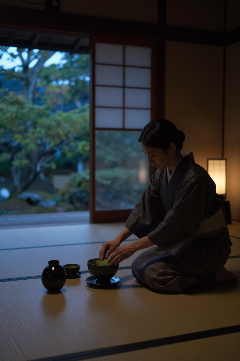 Midsummer Tea Ceremony in Nara Twilight in beside a tokonoma alcove in a tea room in Nara