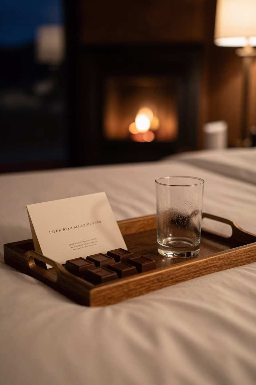 Midsummer Turndown Tray with Chocolate and Stationery in inside a banquet hall before service in Tauranga