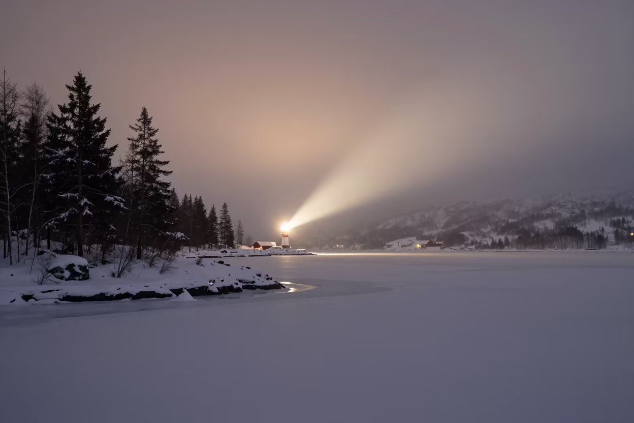 Midwinter Midnight Sun Over Norwegian Lake in in Norway
