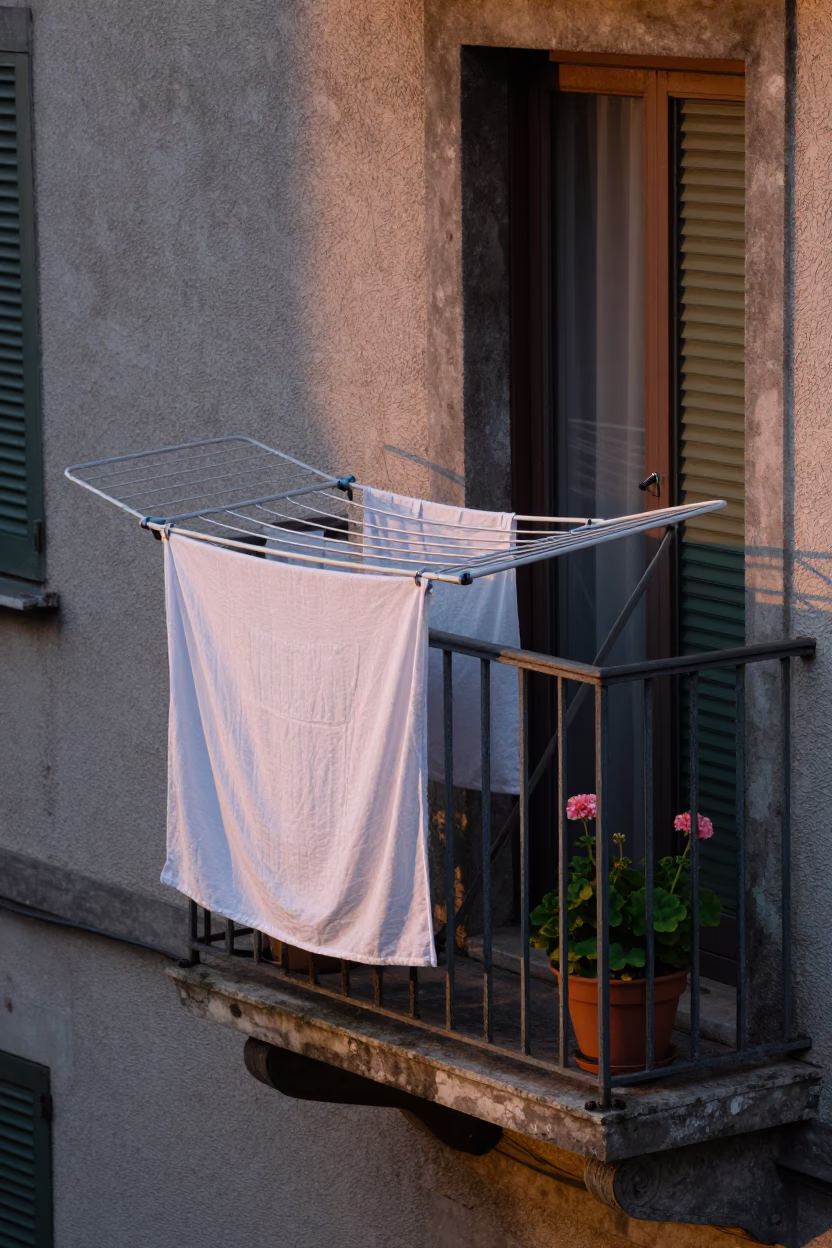 Milan Apartment Balcony with Drying Rack and Potted Geraniums in in Milan, Italy