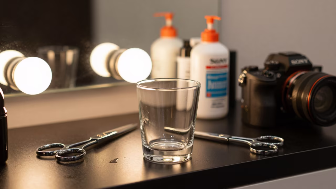 Milan Barber Station Disinfectant Cup Before Opening in at a barber station beneath mirror bulbs in Milan