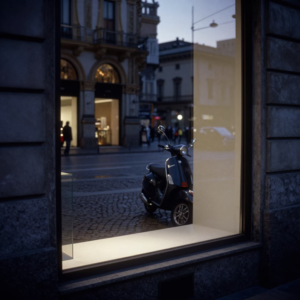 Milan Before Dawn Vespa Reflection in Shop Window with Turnbuckle Detail in in Milan, Italy