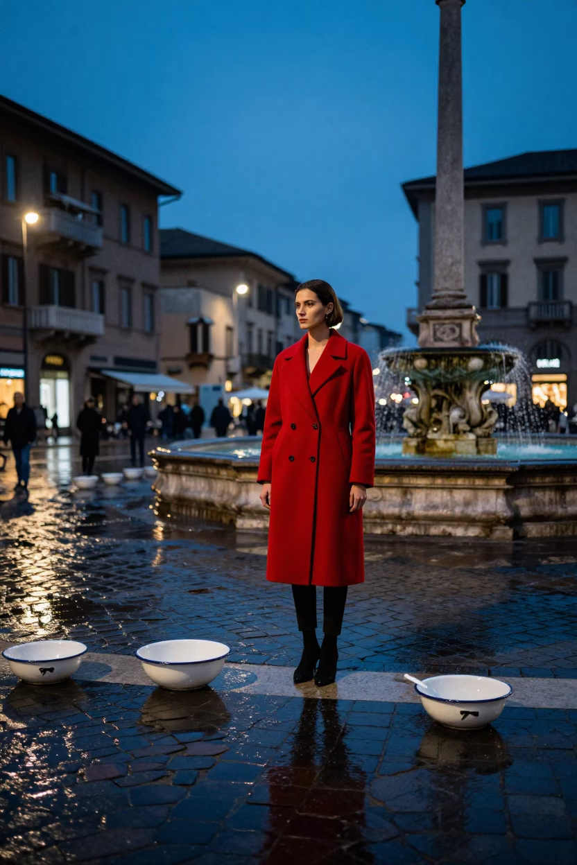 Milan Blue Hour Fashion Street Style with Enamel Bowls and Urban Architecture in in Milan, Italy