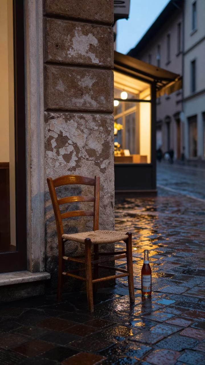 Milan Blue Hour Street Scene with Chair and Kombucha on Cobblestone Piazza in in Milan, Italy