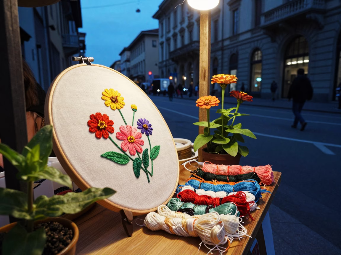 Milan Blue Hour Street Scene with Embroidery Hoop and Zinnias in in Milan, Italy