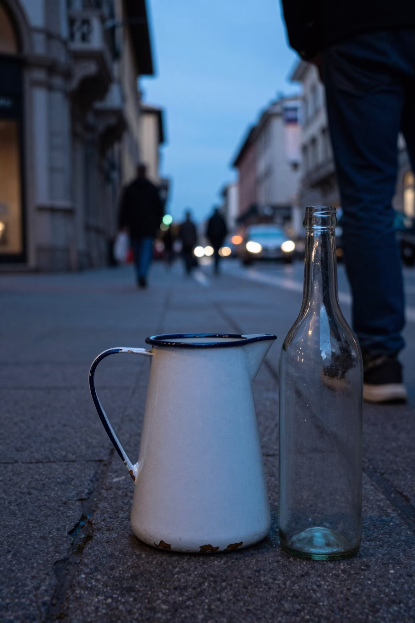 Milan Blue Hour Street Scene with Enamel Pitcher and Bottle on Cobblestone in in Milan, Italy
