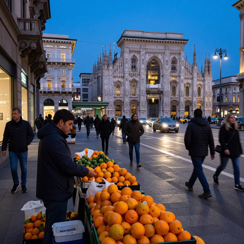 Milan Blue Hour Street Scene with Fruit Vendor and Pedestrians in in Milan, Italy