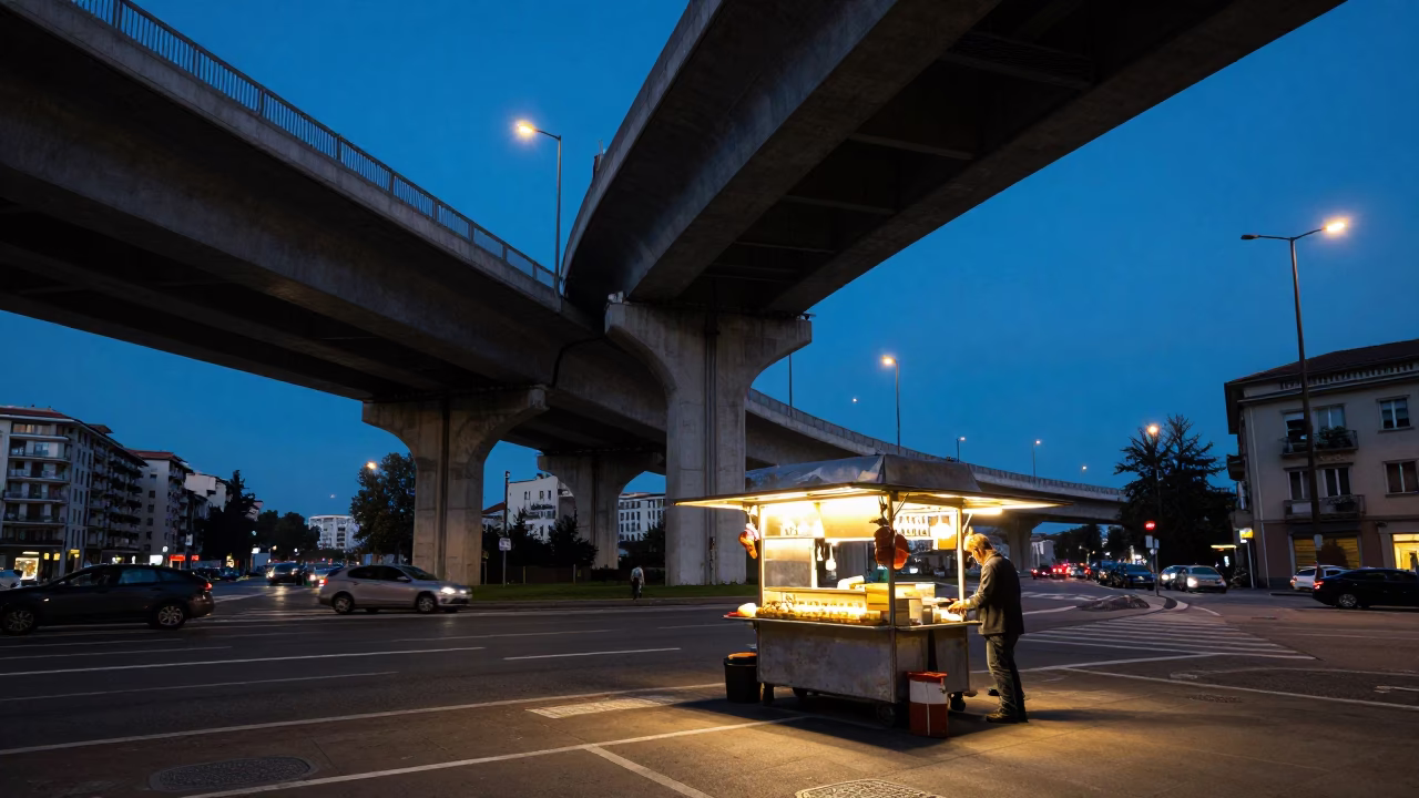 Milan Blue Hour Street Scene with Highway Flyover and Local Vendor in in Milan, Italy