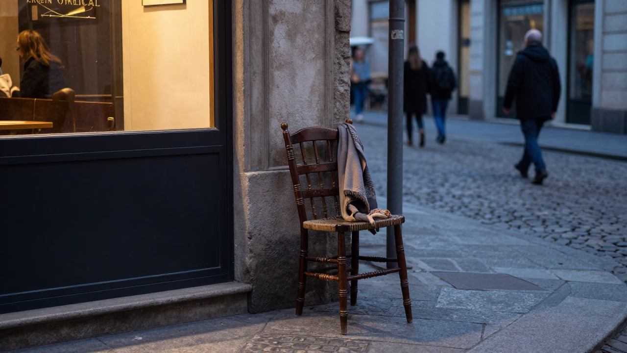 Milan Blue Hour Street Scene with Spindle Chair and Scarf in in Milan, Italy