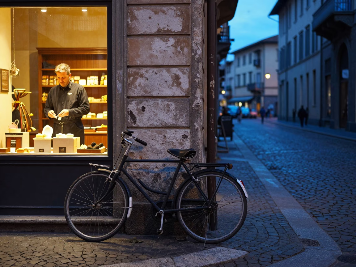 Milan Blue Hour Street Scene with Vintage Bicycle and Shopkeeper in in Milan, Italy
