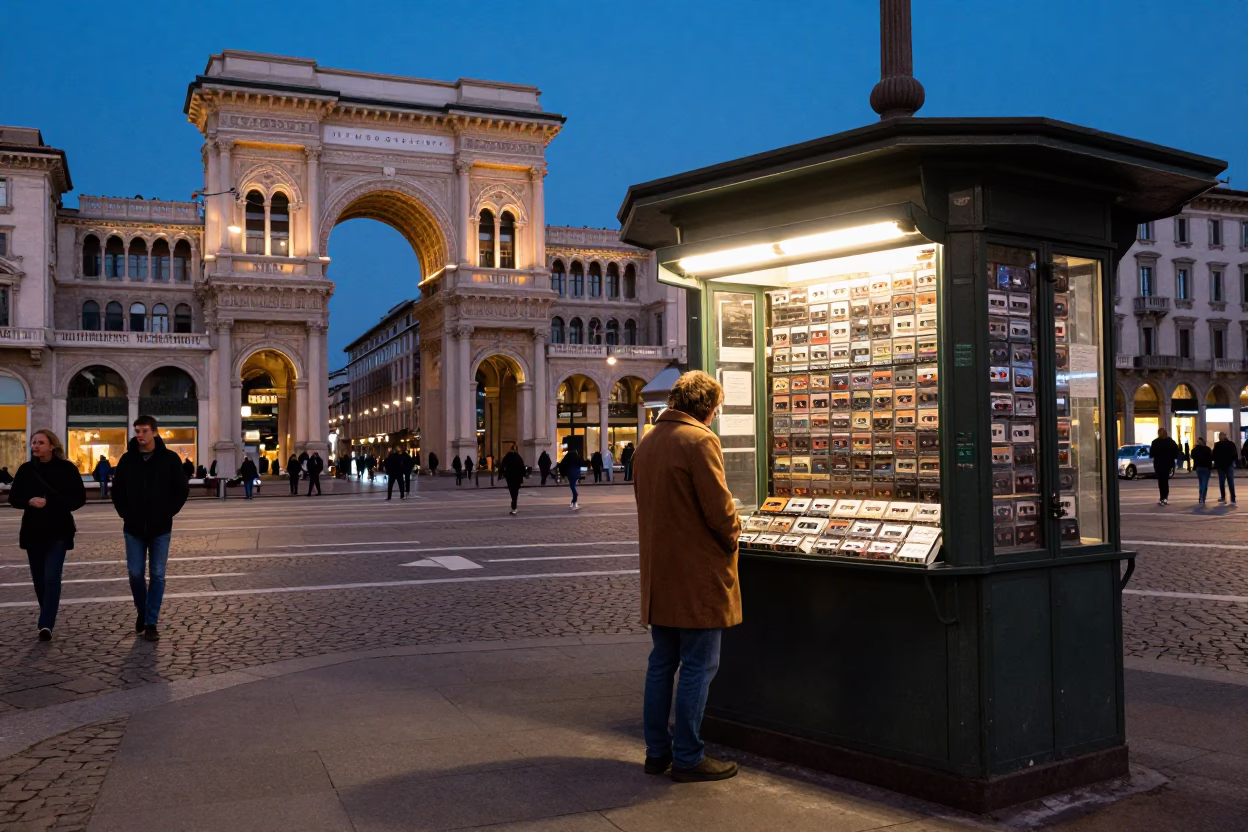 Milan Blue Hour Street Scene with Vintage Cassette Tapes and Cobblestone Architecture in in Milan, Italy