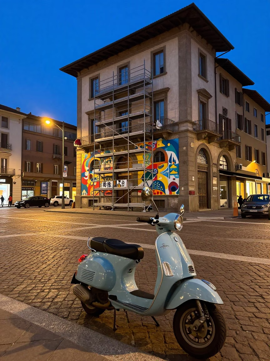 Milan Blue Hour Street Scene with Vintage Scooter and Colorful Mural Swatches in in Milan, Italy