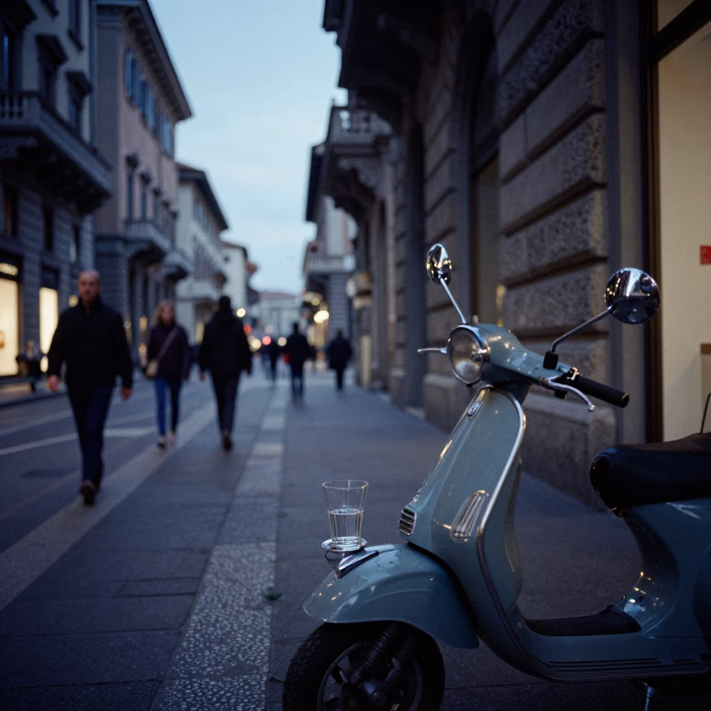Milan Blue Hour Street Scene with Vintage Scooter and Glass Tumbler on Cafe Table in in Milan, Italy