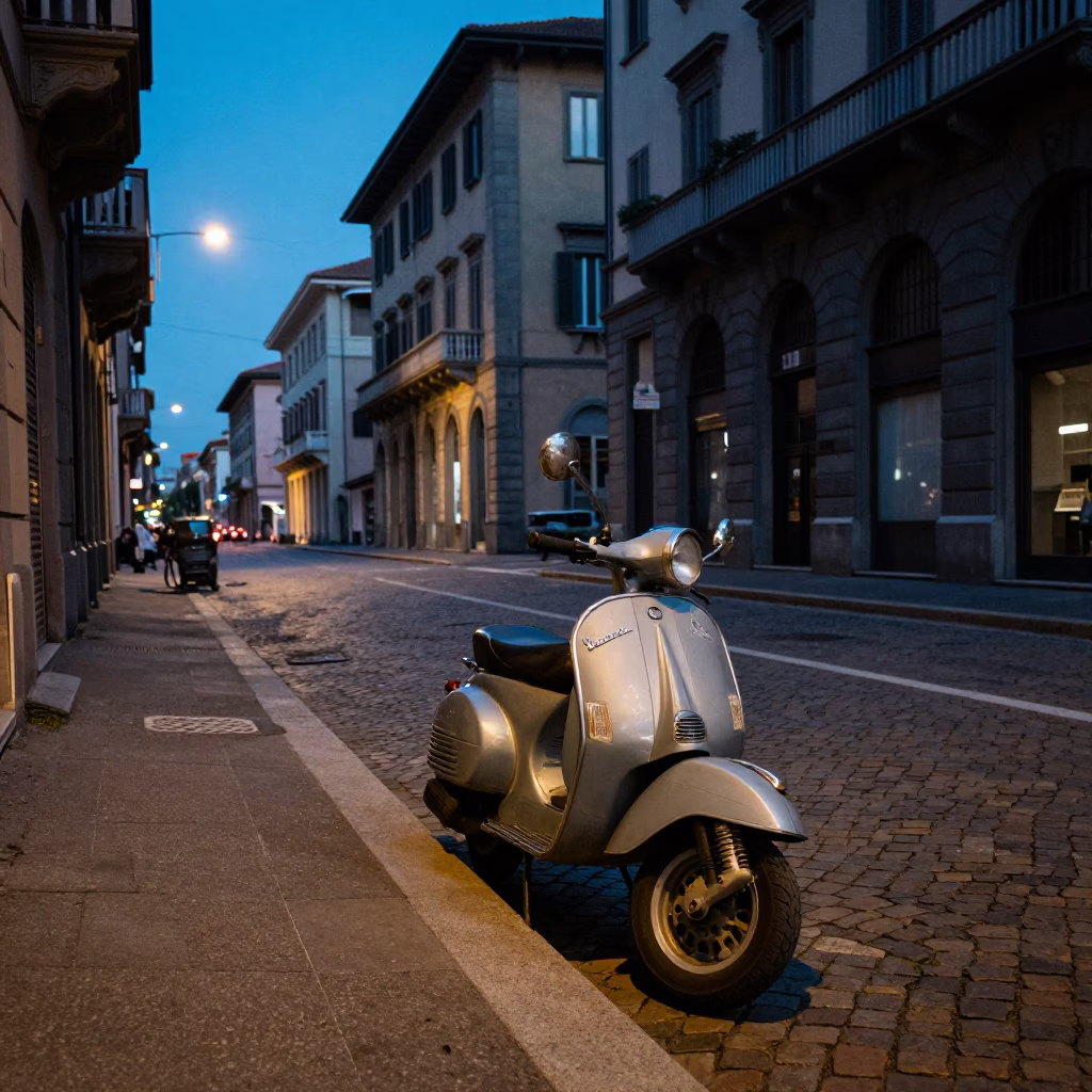 Milan blue hour street scene with vintage scooter and local architecture in in Milan, Italy